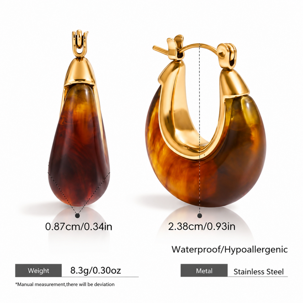 Amber resin hoop earrings for women with 18K gold plated accents, chunky rounded design and glossy finish