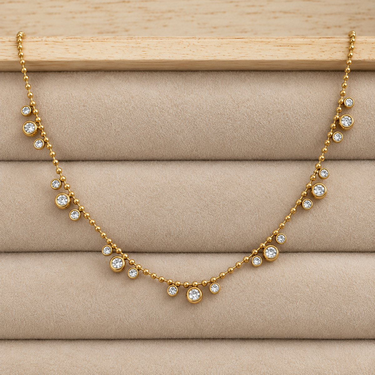 Aveline gold crystal necklace for women with beaded chain and sparkling round crystal charms