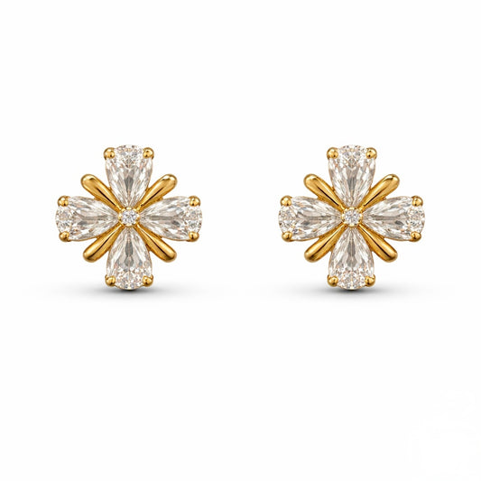 A pair of gold-plated floral stud earrings for women featuring pear-shaped clear crystals in a clover design, shown on a clean white background.