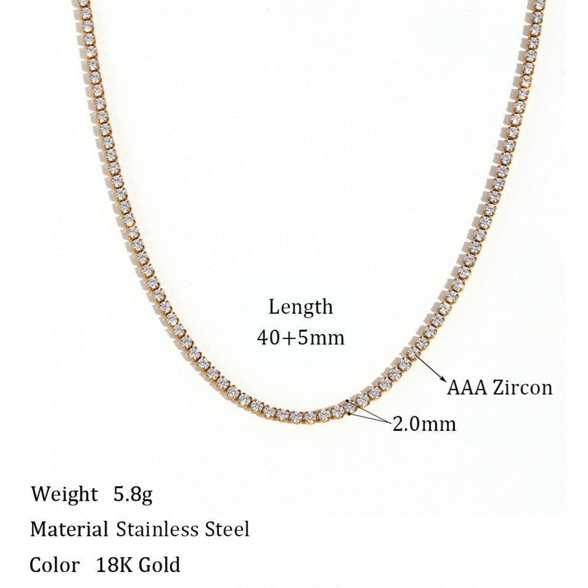 A gold tennis necklace on a white background with dimensions