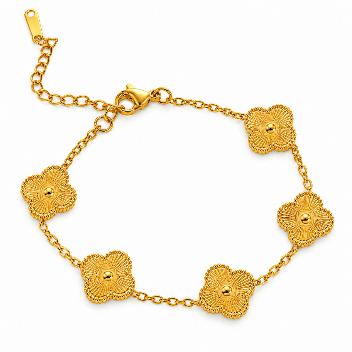 A close-view of a Chain Bracelet with five detailed floral charms on a gold-tone link chain