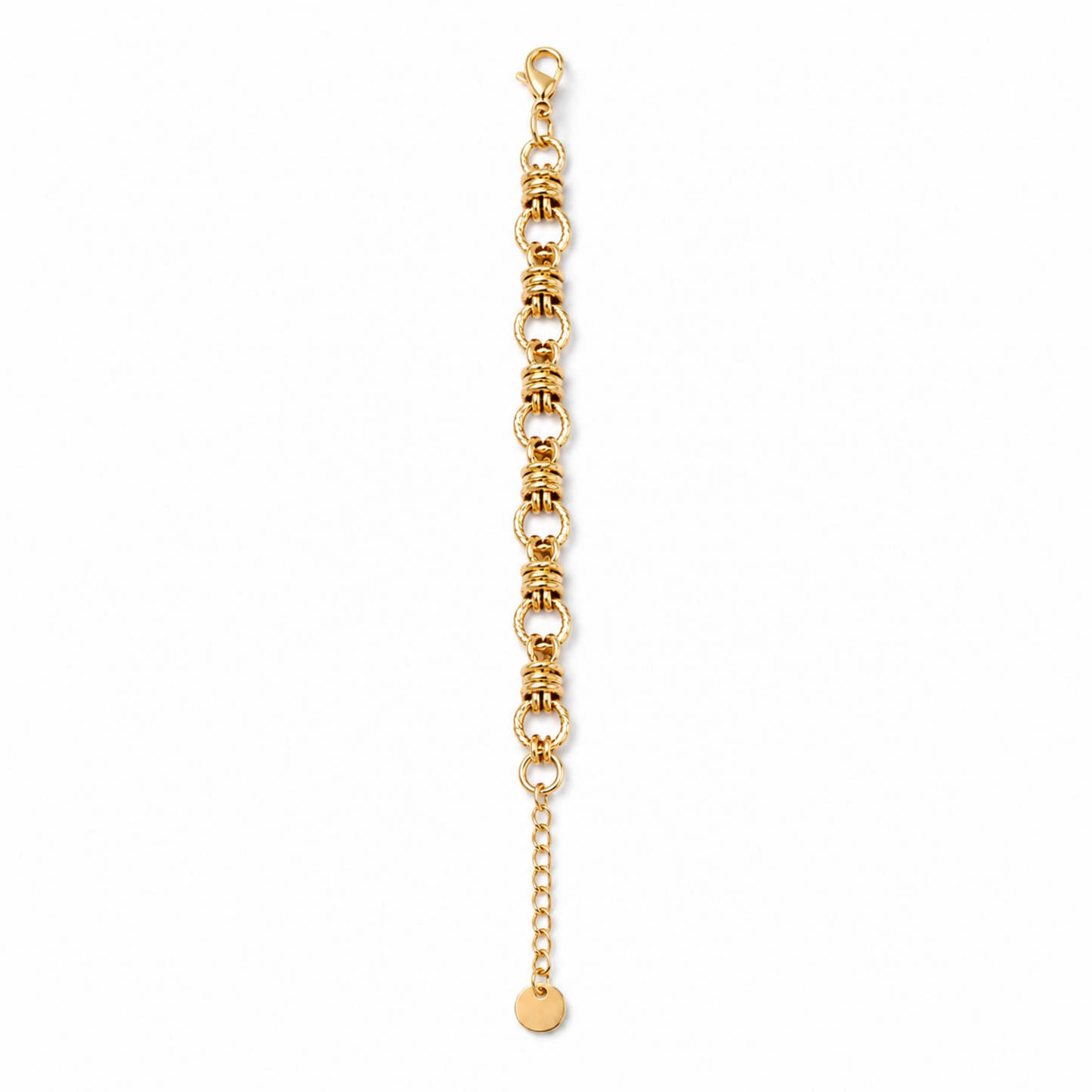 A close-view of a gold-plated chain bracelet for women featuring thick polished links and textured coiled metal stations.