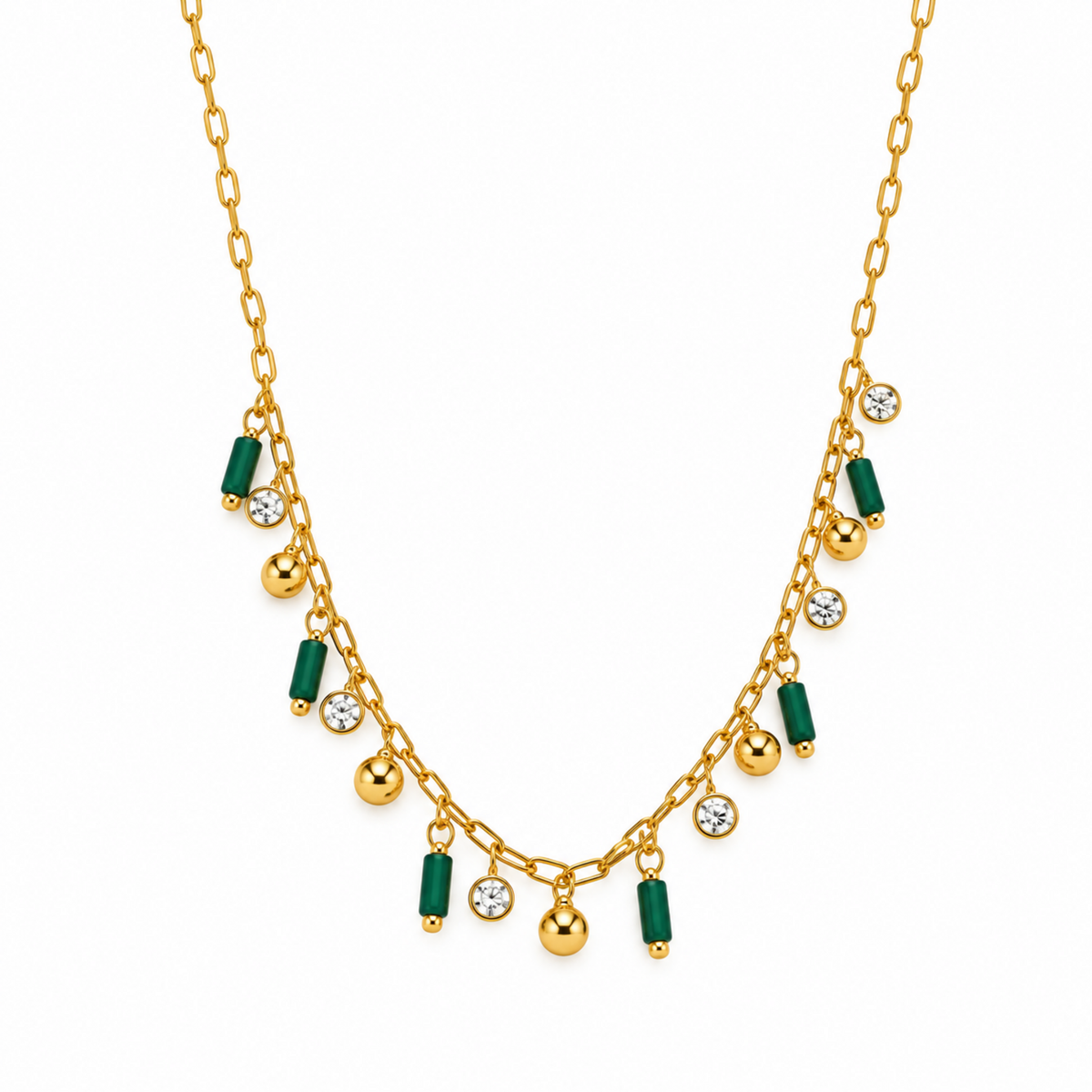 Green Charm Necklace with green cylindrical charms, clear crystal accents and gold-tone ball charms.