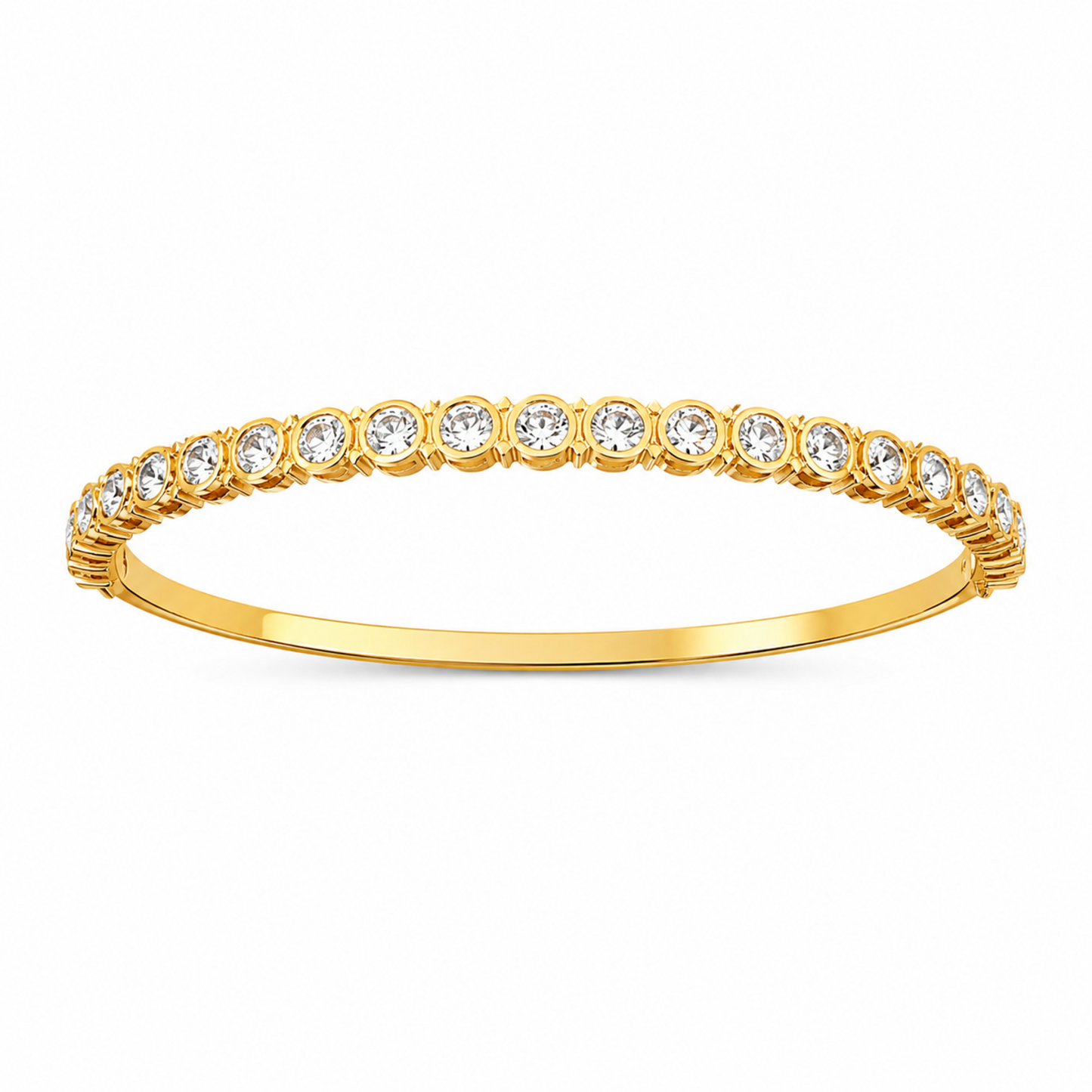 A gold-plated eternity bracelet for women featuring a continuous row of bezel-set round crystals and a secure side-clasp.