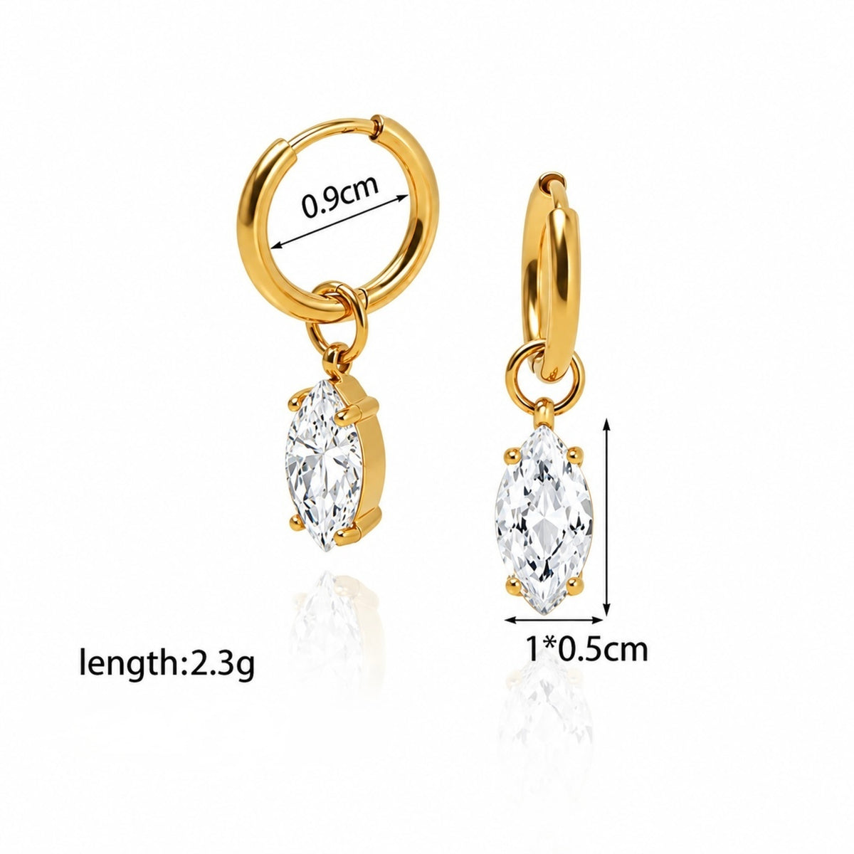 Dimensions of Marielle crystal drop hoop earrings with marquise-cut clear crystals, in gold