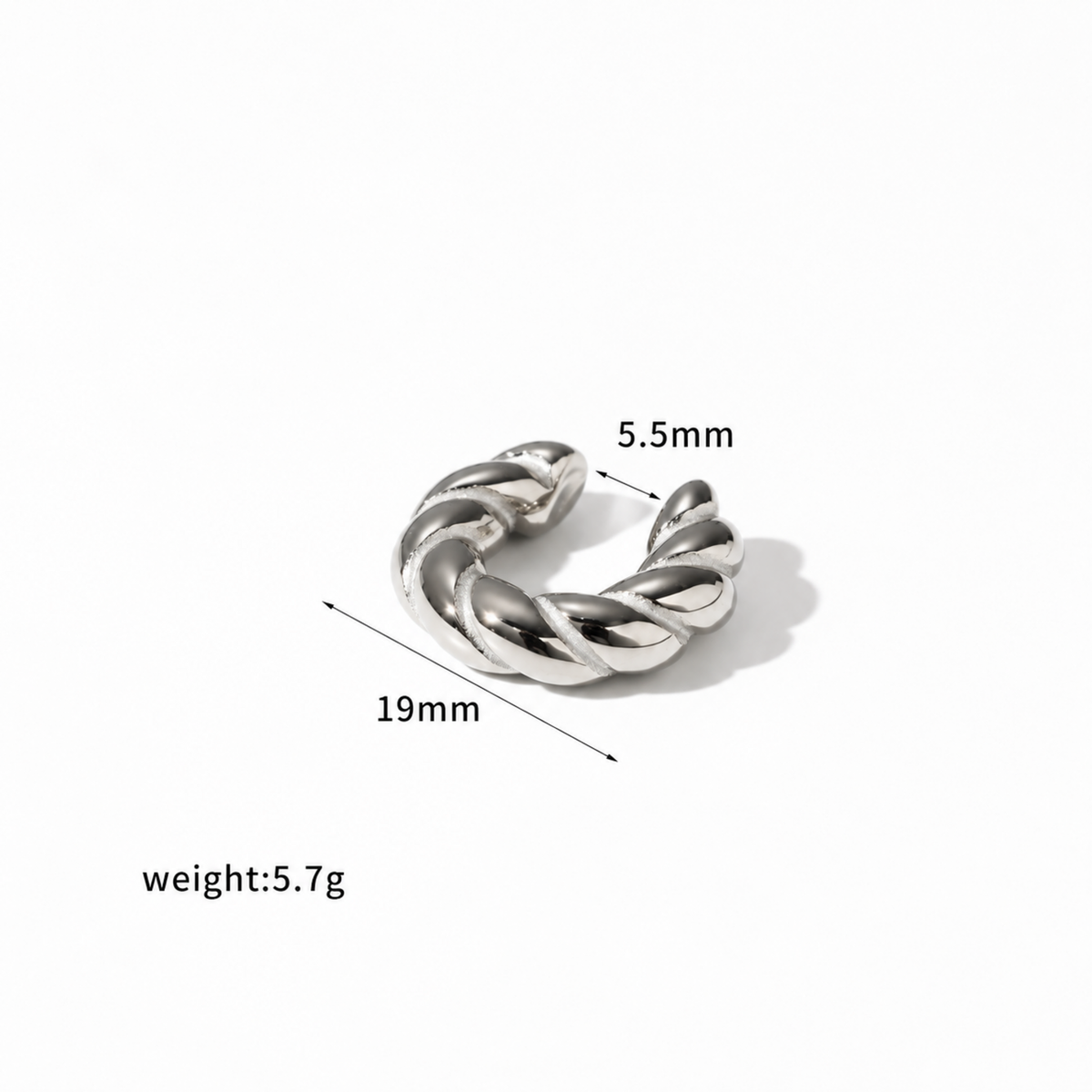 A silver twisted ear cuff with dimension labels showing 19mm length, 5.5mm width, and weight 5.7g on a white background.