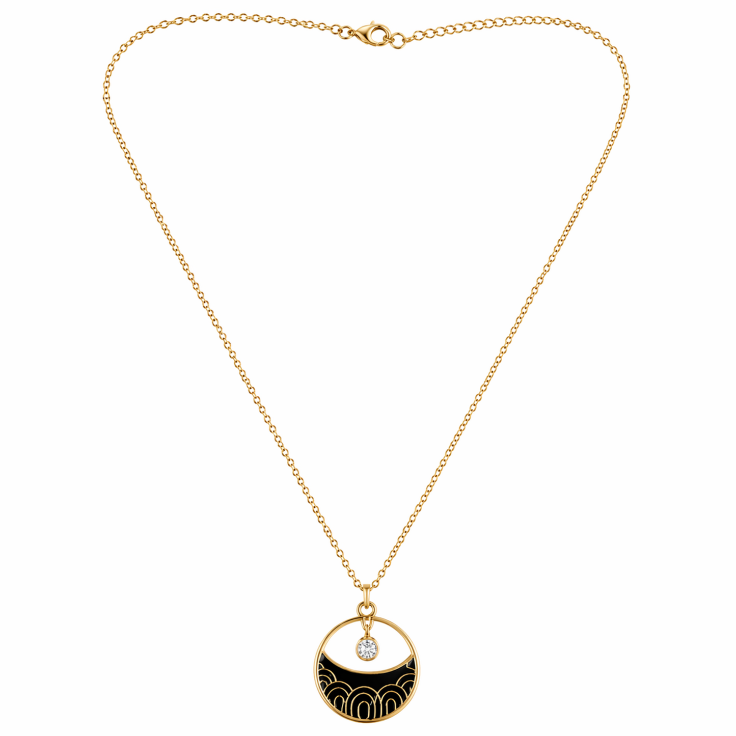 A gold-plated stainless steel chain for women featuring a circular pendant with black enamel wave patterns and a single floating crystal.