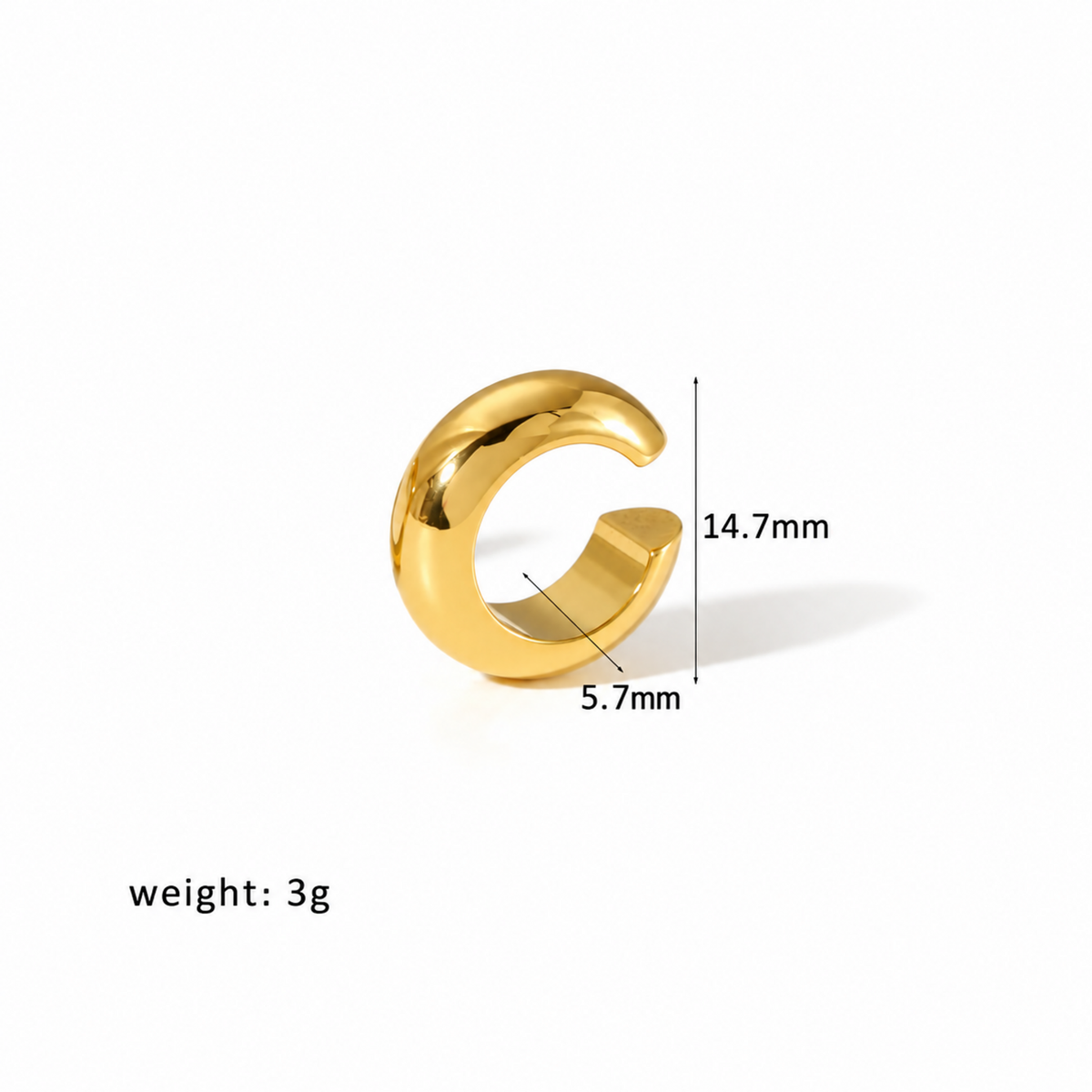 Gold-tone open ear cuff with a smooth rounded band and a row of clear crystals along the lower edge, with dimensions
