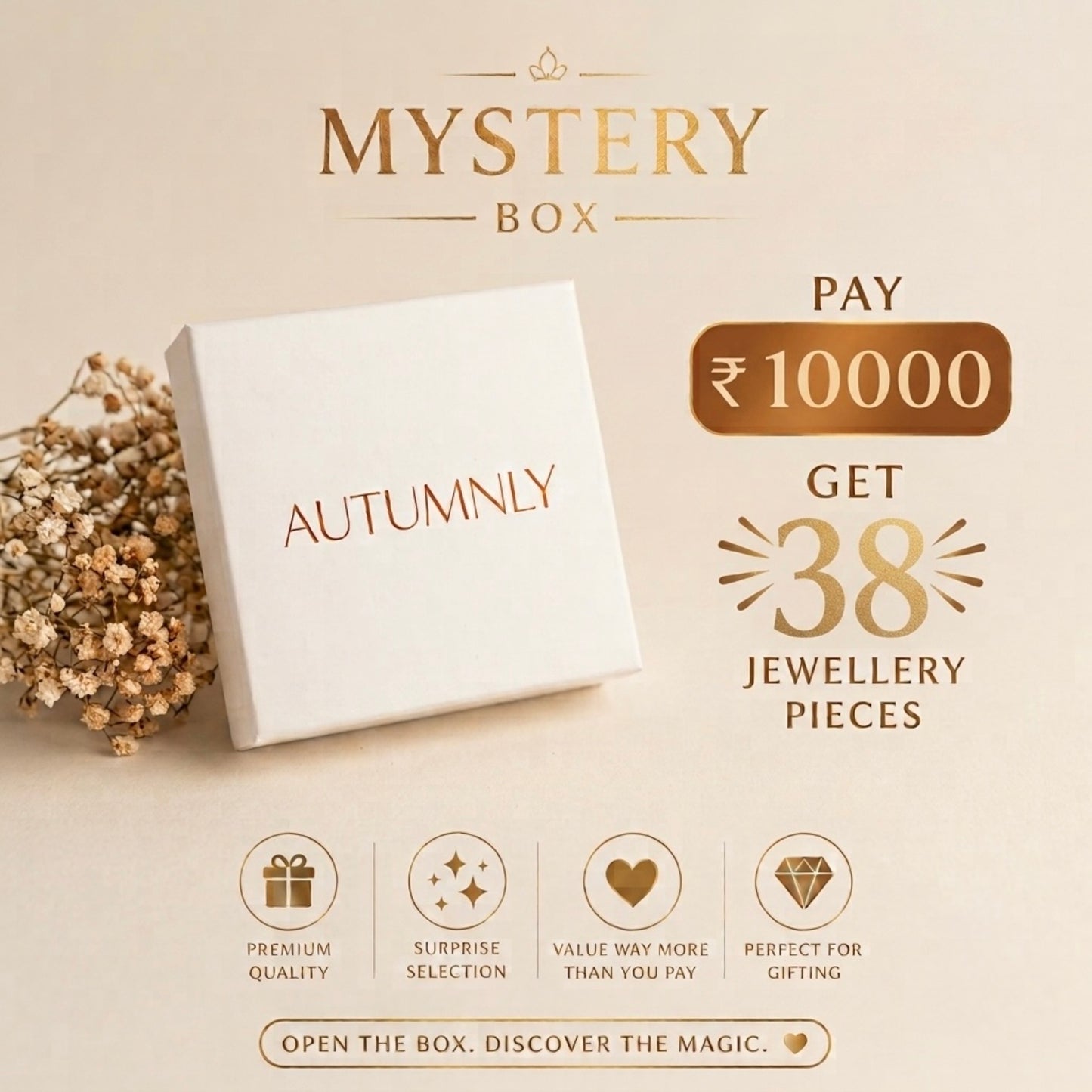 Promotional graphic for an Autumnly Mystery Box offering, featuring a white square gift box with 'AUTUMNLY'. The background is a soft beige with gold and brown text detailing a 10,000 INR payment for 38 jewellery pieces.