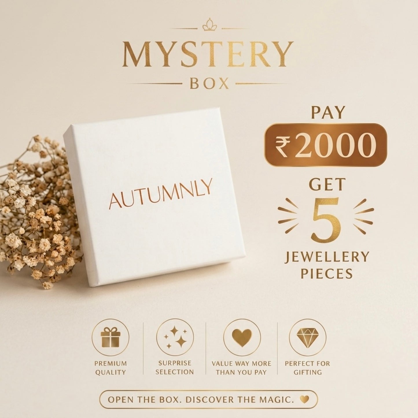 Promotional graphic for an Autumnly Mystery Box offering, a ₹2000 deal for 18 jewellery pieces, complete with feature icons at the bottom.