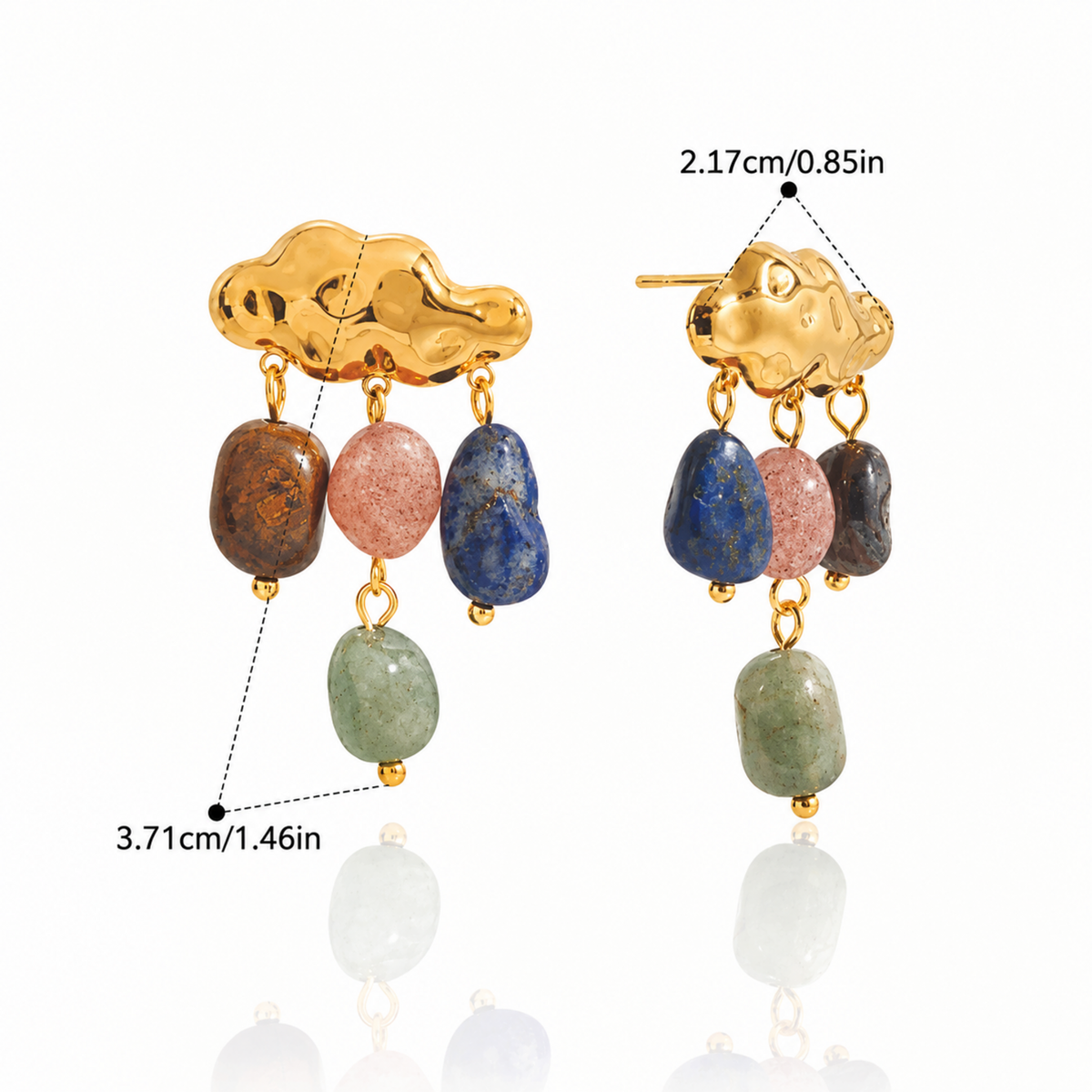 Raincloud Gemstone Drop Earrings with colourful gemstone drops and cloud-inspired gold plated earrings on white background