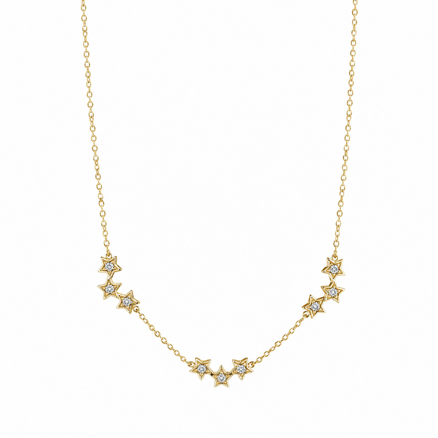 A gold-plated stainless steel chain for women featuring a curved drop of nine small crystal-set stars.