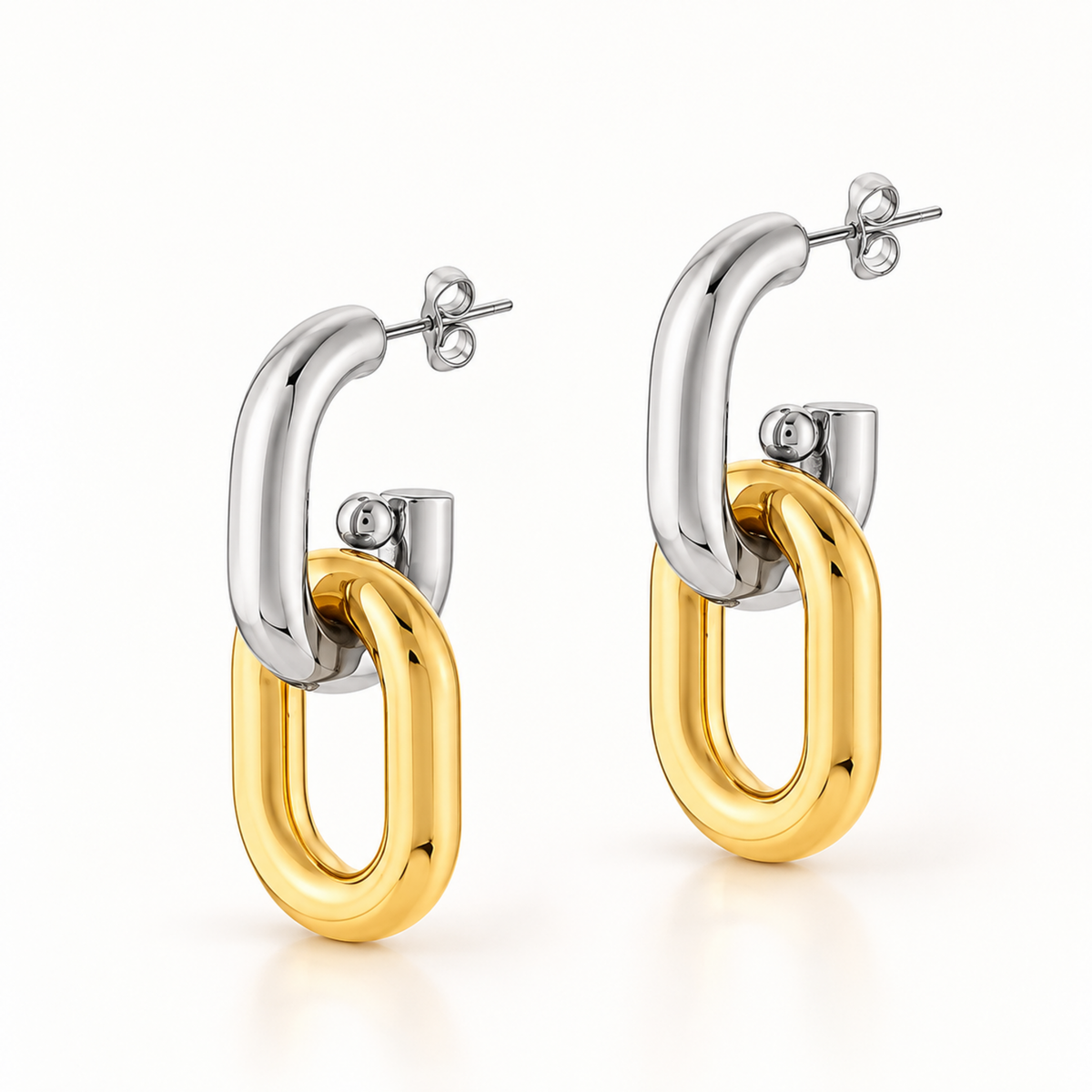 Two-tone gold and silver interlocking drop earrings for women with a sleek elongated loop design and polished finish
