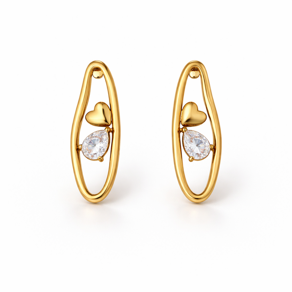 A pair of gold-plated organic-shaped stud earrings for women featuring a small golden heart and a pear-cut crystal inside a golden loop, shown on a white background.