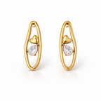 A pair of gold-plated organic-shaped stud earrings for women featuring a small golden heart and a pear-cut crystal inside a golden loop, shown on a white background.