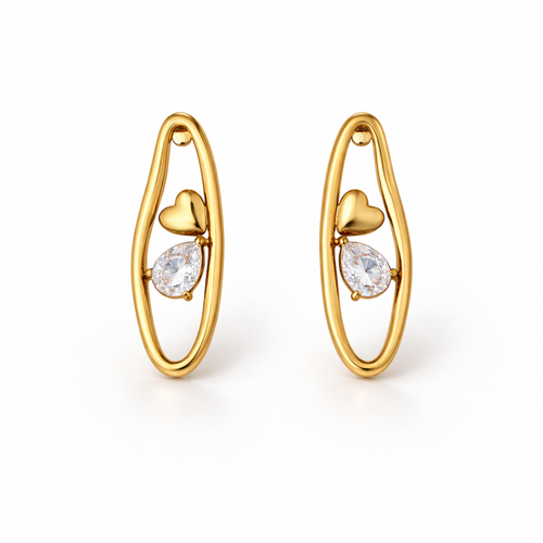 A pair of gold-plated organic-shaped stud earrings for women featuring a small golden heart and a pear-cut crystal inside a golden loop, shown on a white background.