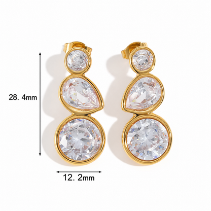 Gold drop earrings with three clear round-cut rhinestones, shown on a white background with dimension markers indicating 28.4mm height and 12.
