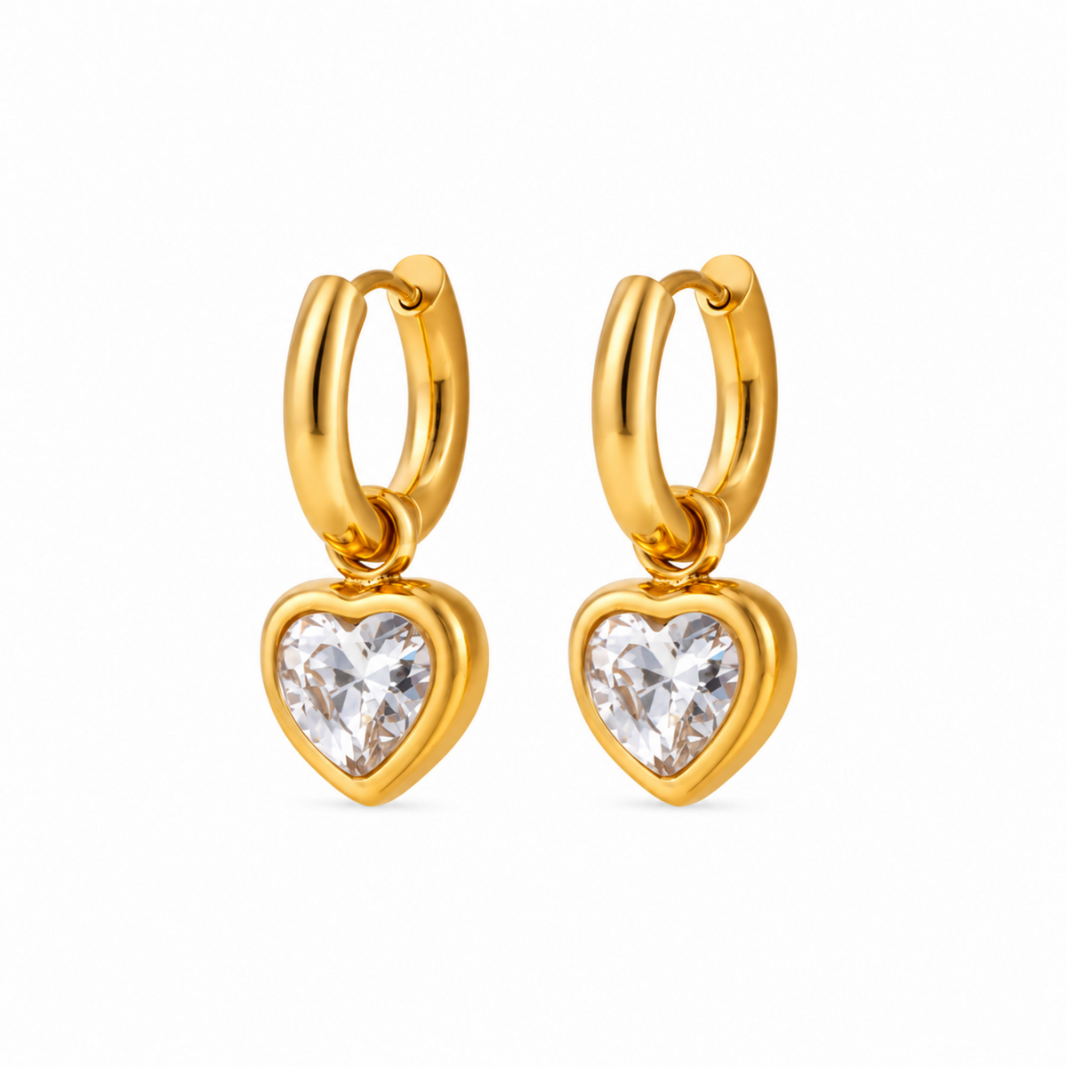 Gold heart crystal hoop earrings for women with sparkling heart-shaped drops and PVD gold plated finish