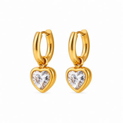 Gold heart crystal hoop earrings for women with sparkling heart-shaped drops and PVD gold plated finish