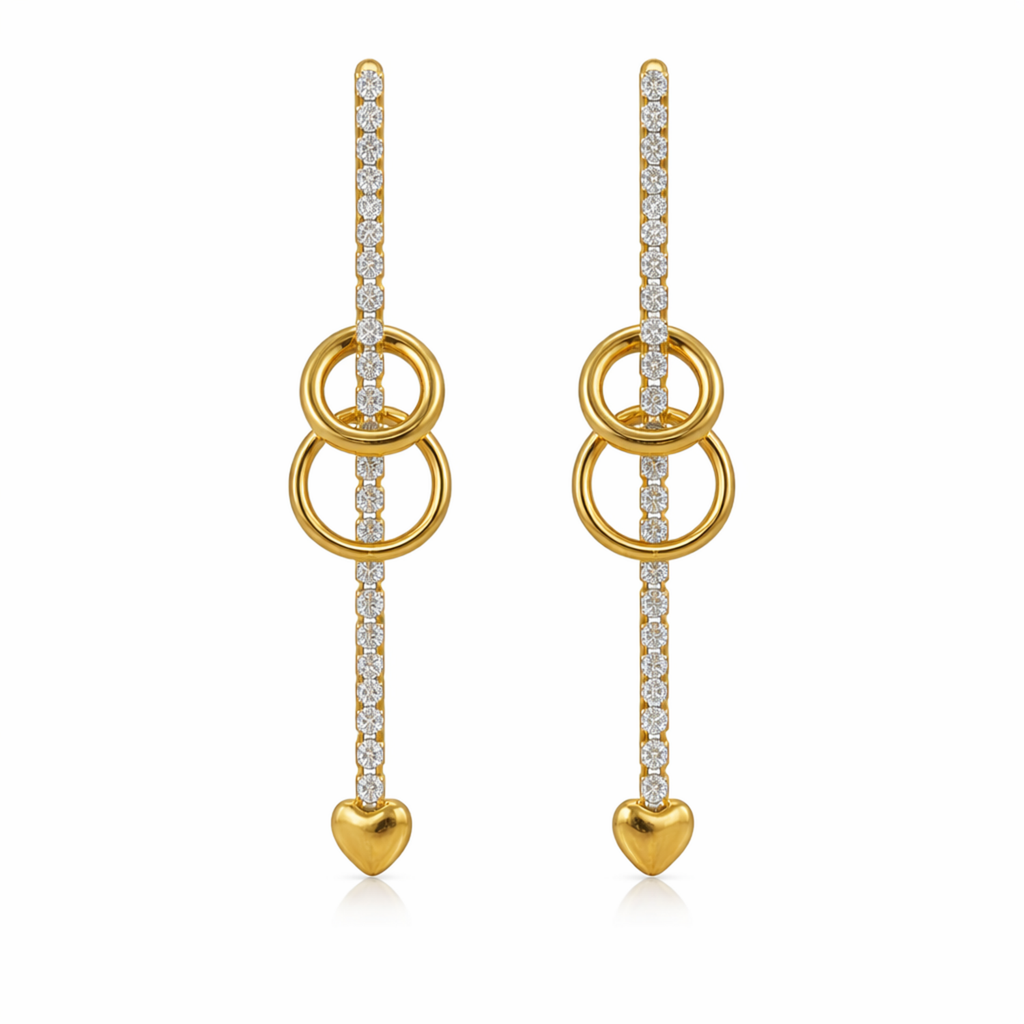 A pair of gold-plated long earrings for women featuring a crystal bar, two interlocking gold rings, and a small heart charm at the base.