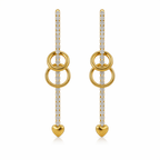 A pair of gold-plated long earrings for women featuring a crystal bar, two interlocking gold rings, and a small heart charm at the base.