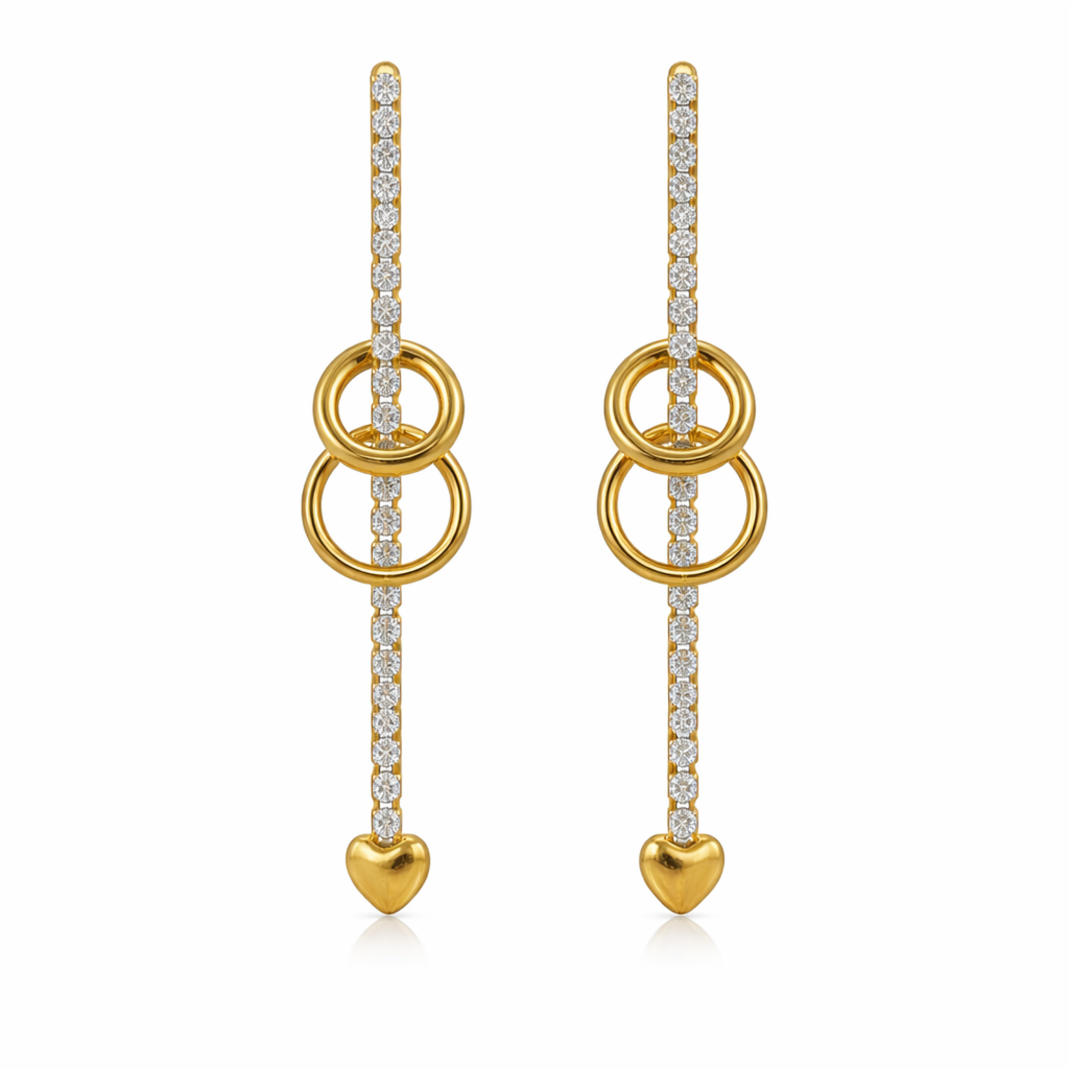 A pair of gold-plated long earrings for women featuring a crystal bar, two interlocking gold rings, and a small heart charm at the base.