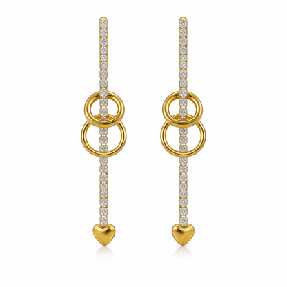 A pair of gold-plated long earrings for women featuring a crystal bar, two interlocking gold rings, and a small heart charm at the base.