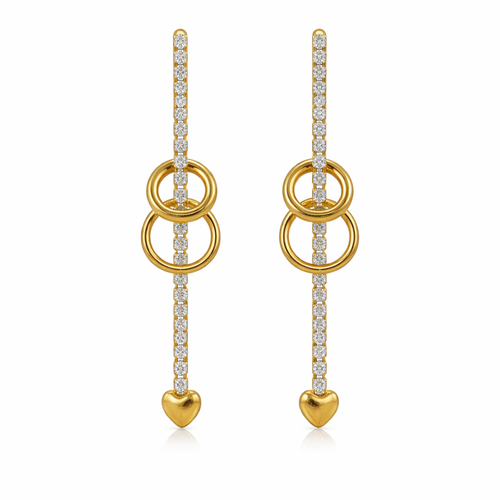 A pair of gold-plated long earrings for women featuring a crystal bar, two interlocking gold rings, and a small heart charm at the base.