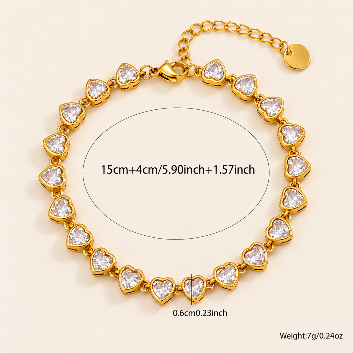 Gold heart-link bracelet with clear heart-shaped stones, shown on a light beige background with overlaid size measurements and weight information.