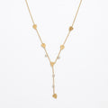 A gold-plated stainless steel Y-shaped chain necklace for women featuring minimalist heart charms and small round crystals, shown against a white background.