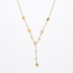 A gold-plated stainless steel Y-shaped chain necklace for women featuring minimalist heart charms and small round crystals, shown against a white background.