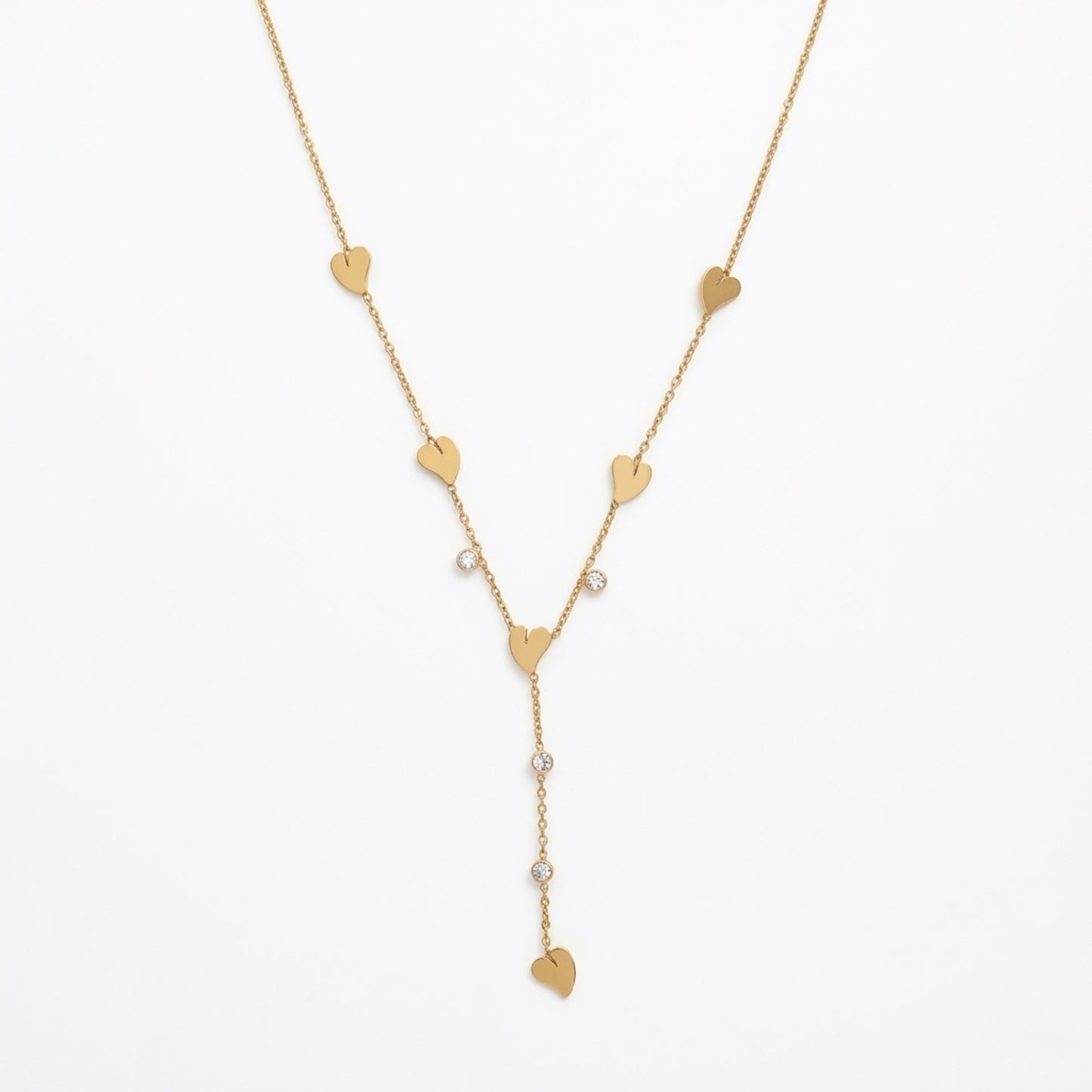 A gold-plated stainless steel Y-shaped chain necklace for women featuring minimalist heart charms and small round crystals, shown against a white background.