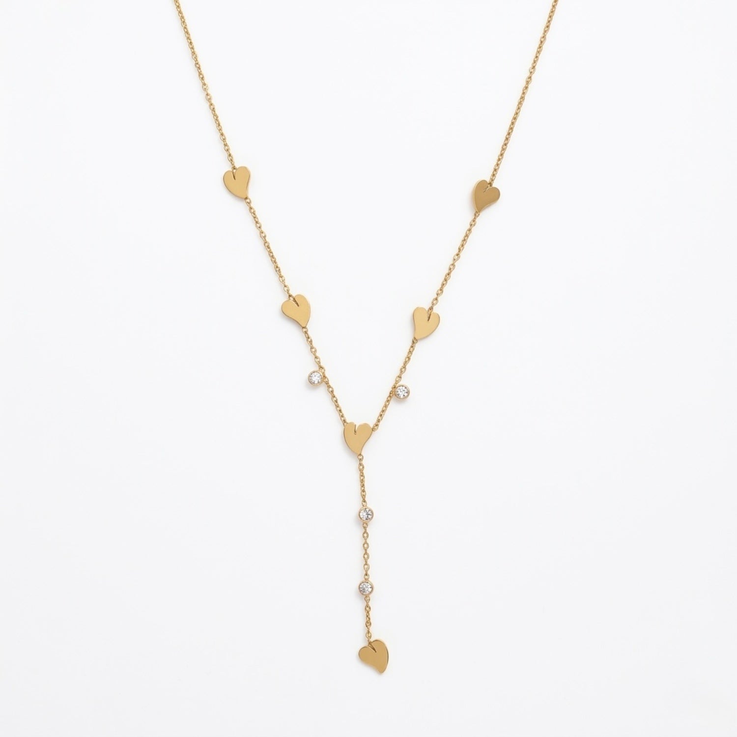 A gold-plated stainless steel Y-shaped chain necklace for women featuring minimalist heart charms and small round crystals, shown against a white background.