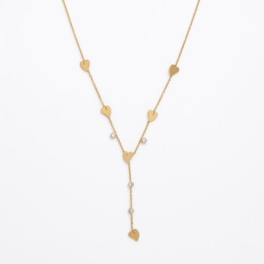 A gold-plated stainless steel Y-shaped chain necklace for women featuring minimalist heart charms and small round crystals, shown against a white background.
