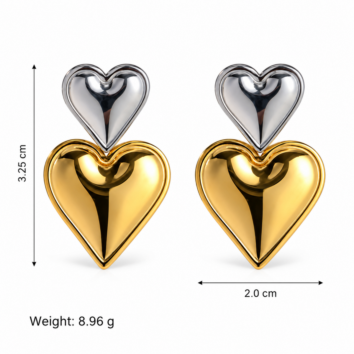 Two heart-shaped earrings shown on a white background with dimension lines and text indicating height of 3.25 cm, width of 2.