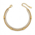 A dual-layer gold-plated bracelet for women featuring a sparkling crystal tennis strand and a geometric box chain shown on a white background