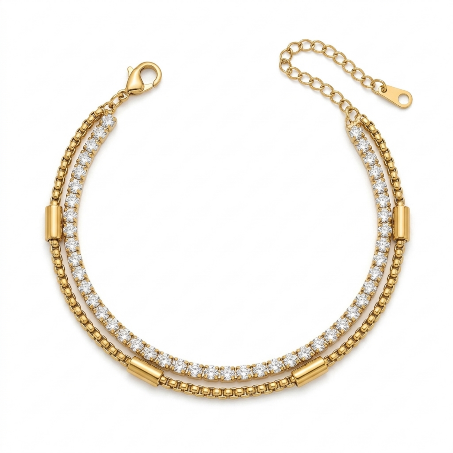 A dual-layer gold-plated bracelet for women featuring a sparkling crystal tennis strand and a geometric box chain shown on a white background