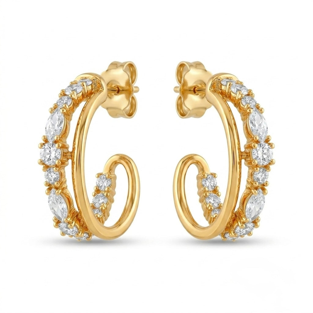 A pair of gold-plated double-strand open hoop earrings for women featuring sparkling marquise and round-cut crystals, shown on a white background.