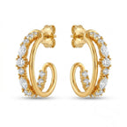 A pair of gold-plated double-strand open hoop earrings for women featuring sparkling marquise and round-cut crystals, shown on a white background.