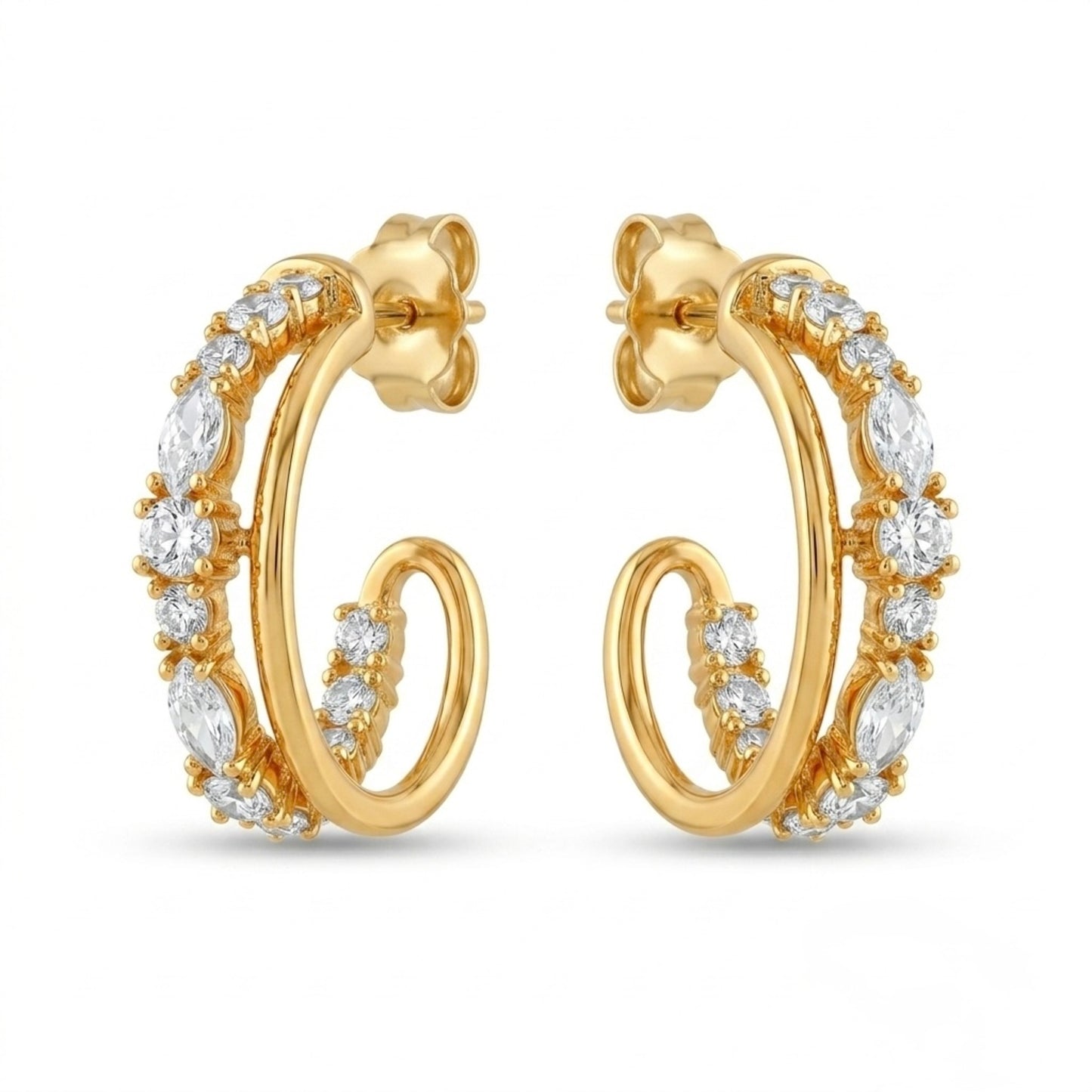 A pair of gold-plated double-strand open hoop earrings for women featuring sparkling marquise and round-cut crystals, shown on a white background.