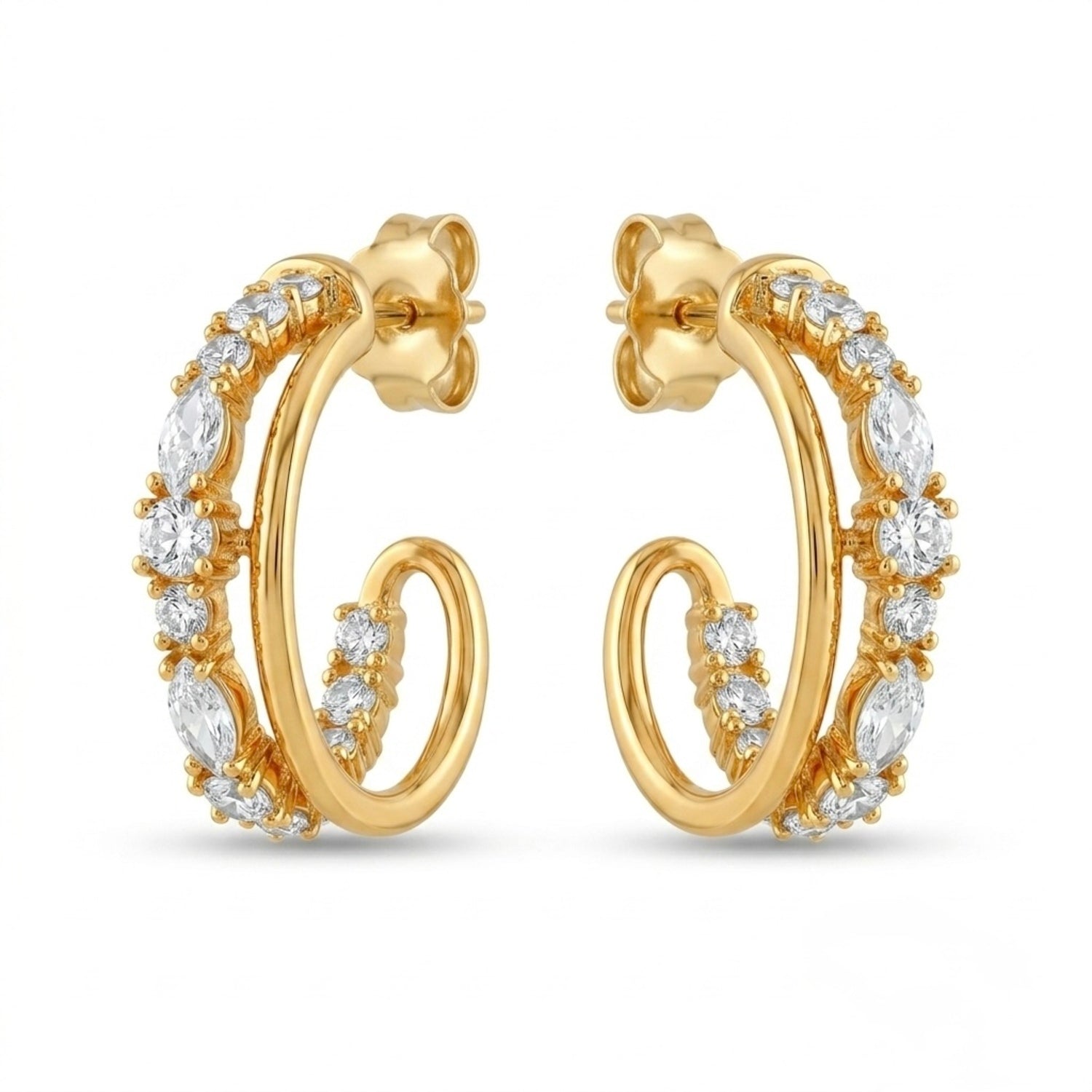 A pair of gold-plated double-strand open hoop earrings for women featuring sparkling marquise and round-cut crystals, shown on a white background.