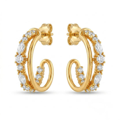 A pair of gold-plated double-strand open hoop earrings for women featuring sparkling marquise and round-cut crystals, shown on a white background.