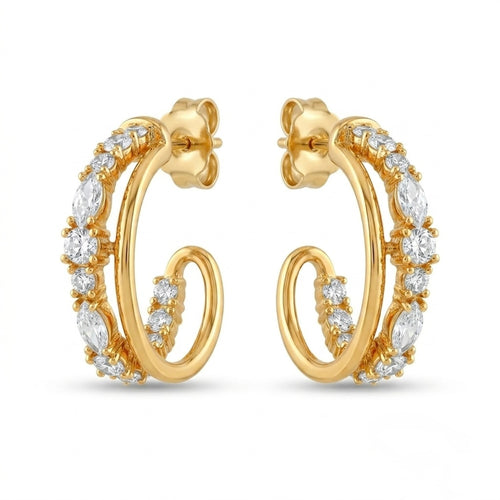 A pair of gold-plated double-strand open hoop earrings for women featuring sparkling marquise and round-cut crystals, shown on a white background.