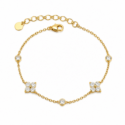 A gold-plated chain bracelet for women featuring alternating crystal floral clusters and round bezel-set stones.