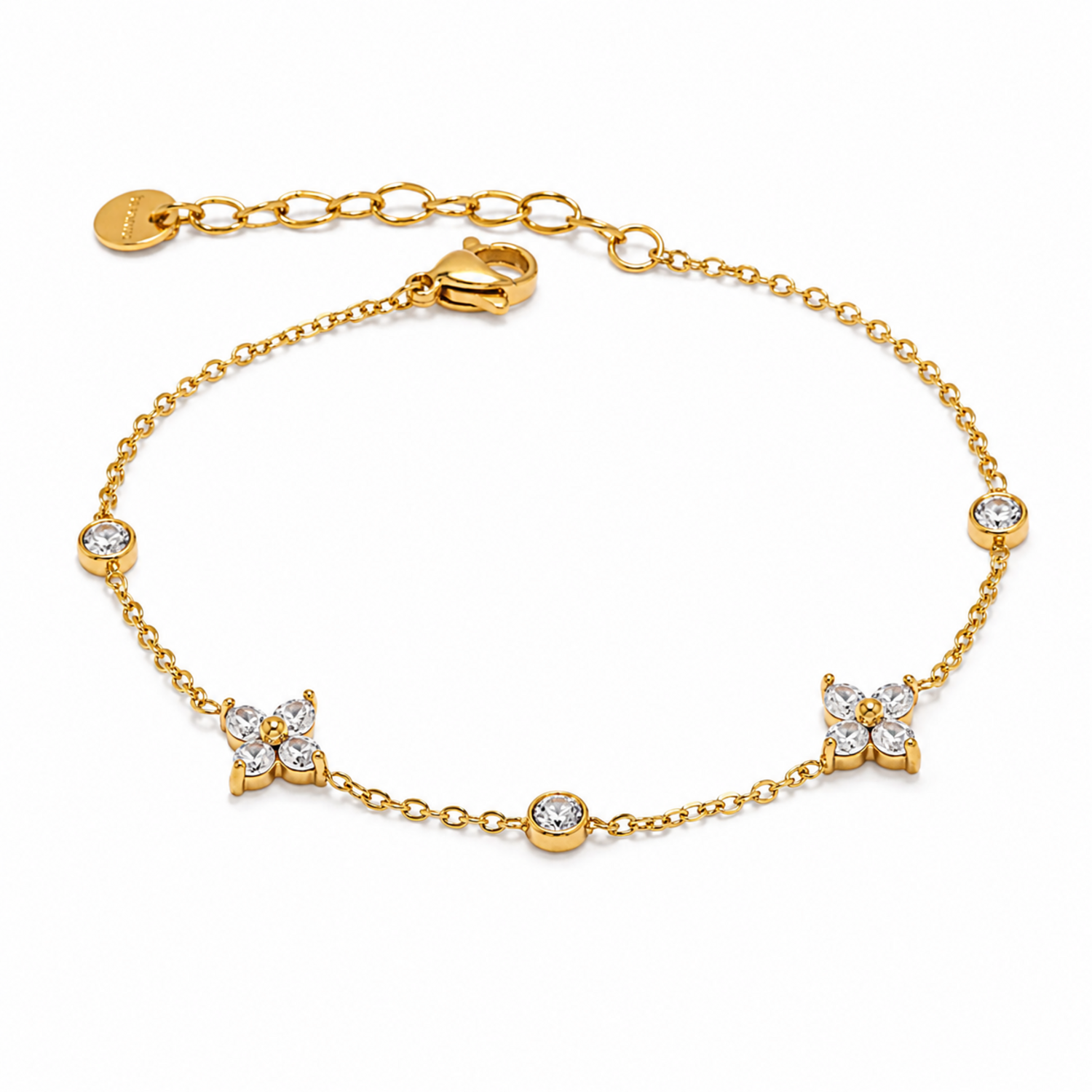 A gold-plated chain bracelet for women featuring alternating crystal floral clusters and round bezel-set stones.