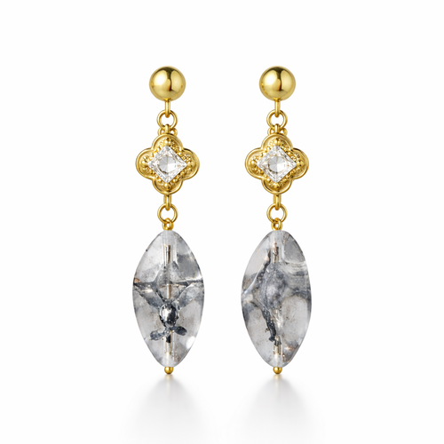 A pair of gold-plated long earrings for women featuring a princess-cut stone in a mandala setting and a large marquise-cut clear drop stone