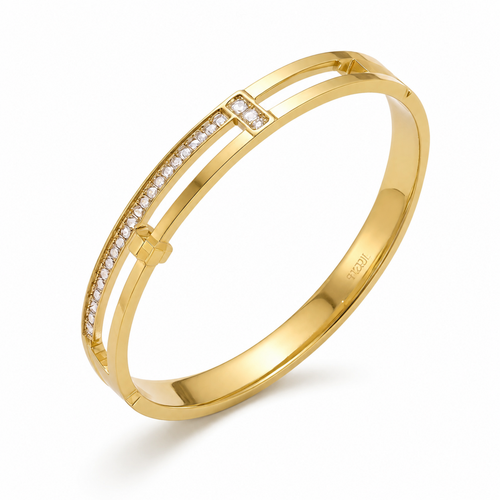 A gold-plated dual-band cuff bangle for women featuring crystal pillars and a secure side-hinge clasp.