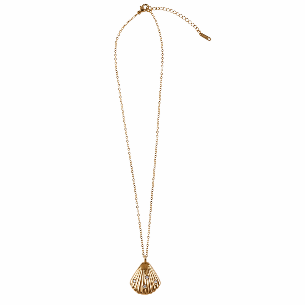 A gold-plated stainless steel chain for women featuring a ribbed seashell pendant with four small crystals