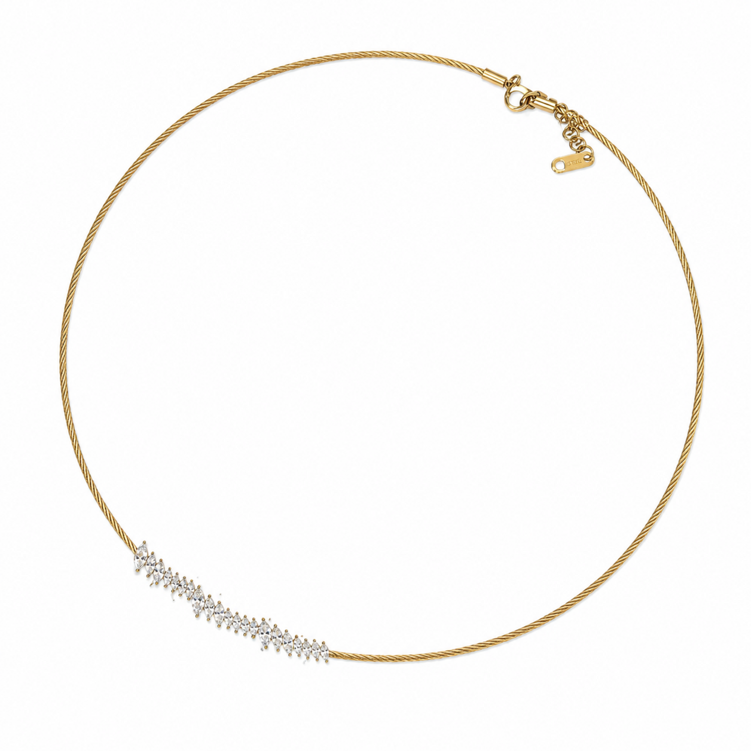 A gold-plated stainless steel chain for women featuring a twisted cable design and an asymmetrical cluster of marquise-cut crystals