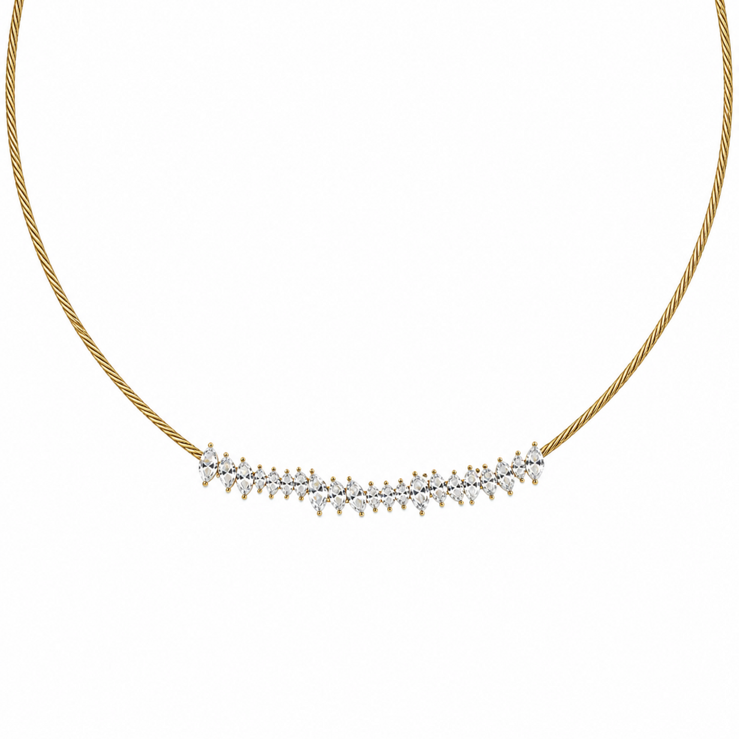 A close-view of a gold-plated stainless steel chain for women featuring a twisted cable design and an asymmetrical cluster of marquise-cut crystals